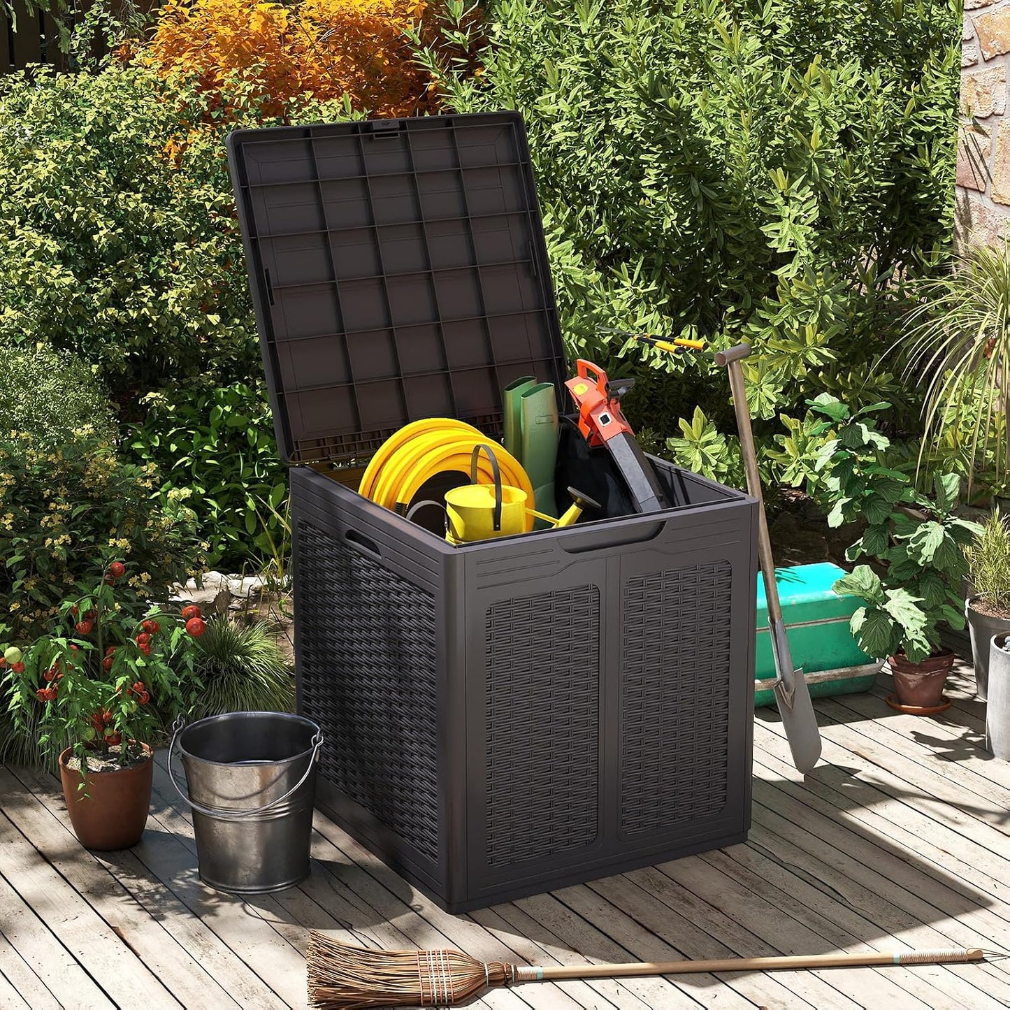 Tangkula 25 Gallon Waterproof Outdoor Storage Box with Lockable Lid | PP Resin, Wicker Patterned, Indoor Outdoor Use, Portable, Versatility, for Deck, Pool, Patio Cushions, Garden Tools