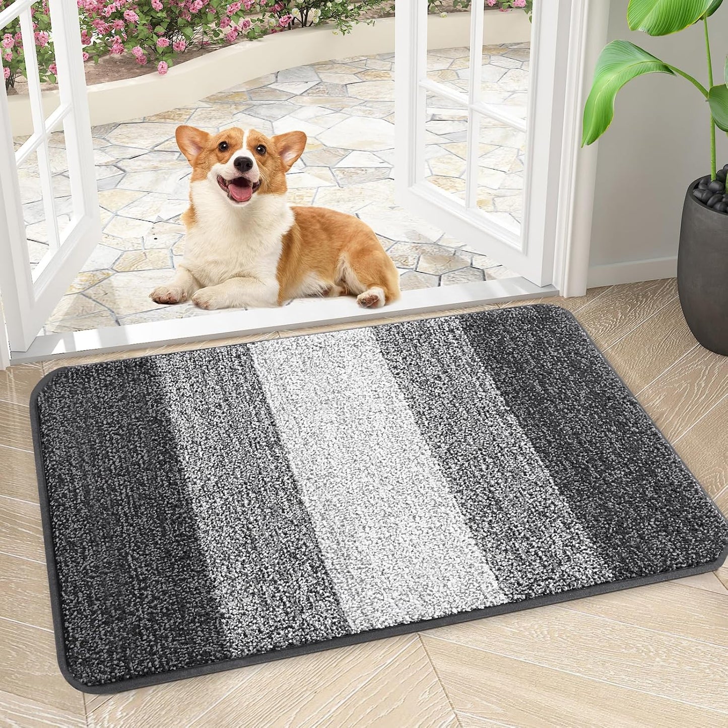 Kitinjoy Indoor Outdoor Door Mat, 32x20 Non-Slip Absorbent Dirt Trapper, Low-Profile Washable Inside Entrance Front Floor Mat, Sturdy Soft Entry Doormats for Entryway, Grey
