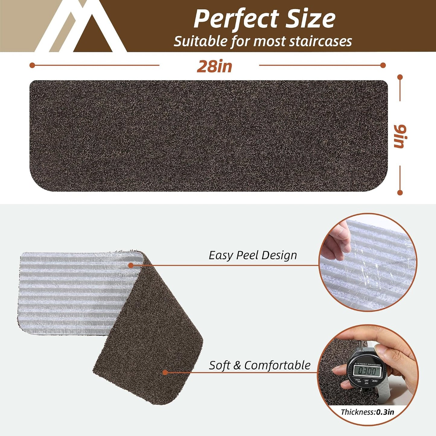 COSY HOMEER Stair Treads for Wooden Steps Non-Slip Carpet Mat,4pcs,Brown | Cut to Size,Peel and Stick,Washable,Residue Free,Self Adhesive,Stair Runner for Kid Elder Pet,28“x9”Carpet Stair Treads