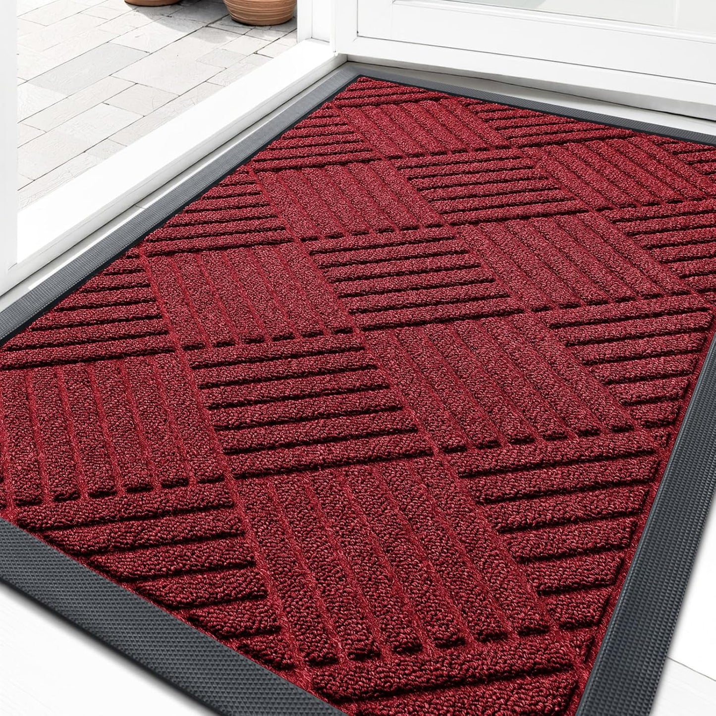 OLANLY Front Door Mat Outside Entrance 29.5x17, Absorbent, Heavy Duty Sturdy Natural Rubber Doormat Indoor Outdoor, Stain and Fade Resistant, Non-Slip Low Profile Floor Mat for Entryway, Grey Diamond