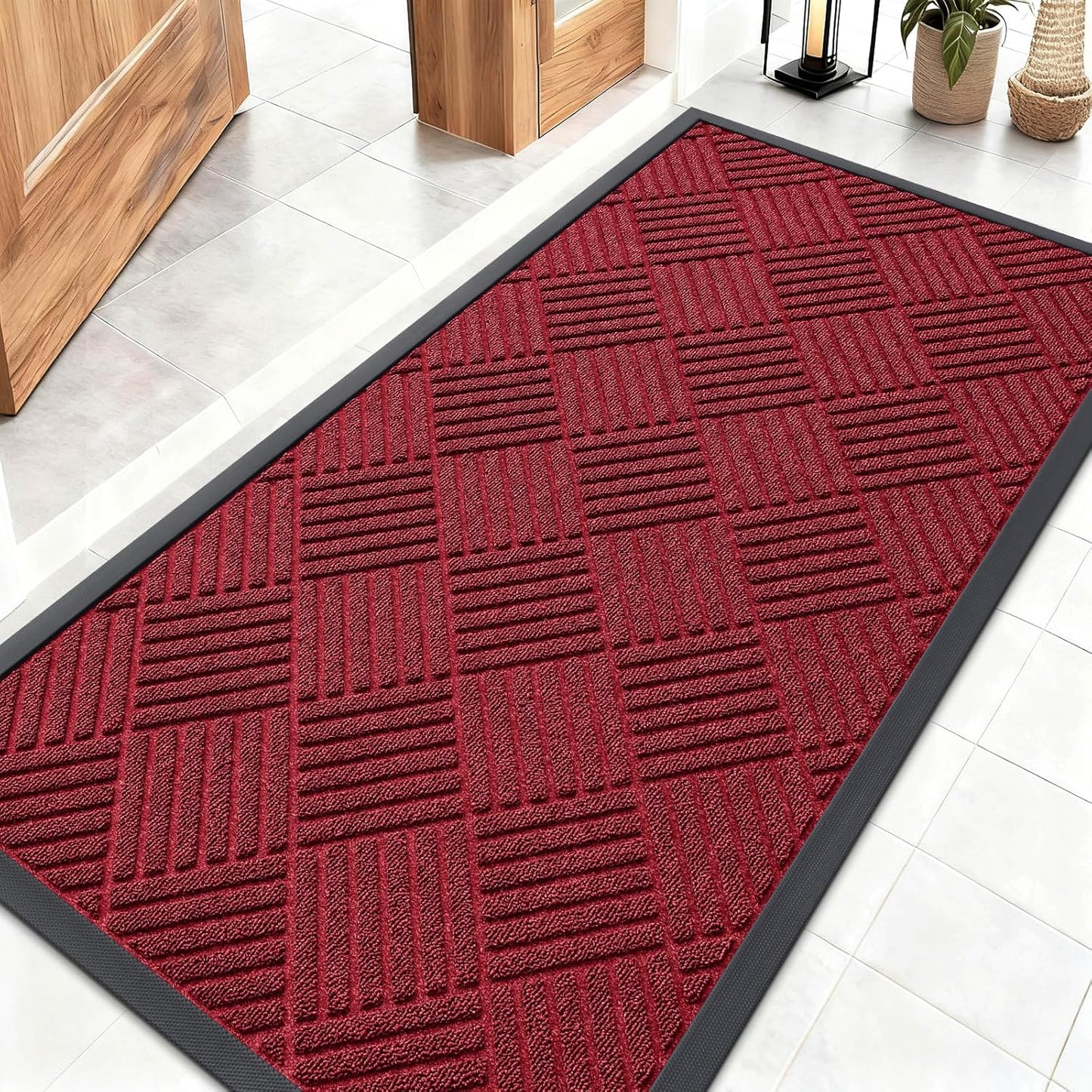 OLANLY Front Door Mat Outside Entrance 29.5x17, Absorbent, Heavy Duty Sturdy Natural Rubber Doormat Indoor Outdoor, Stain and Fade Resistant, Non-Slip Low Profile Floor Mat for Entryway, Grey Diamond