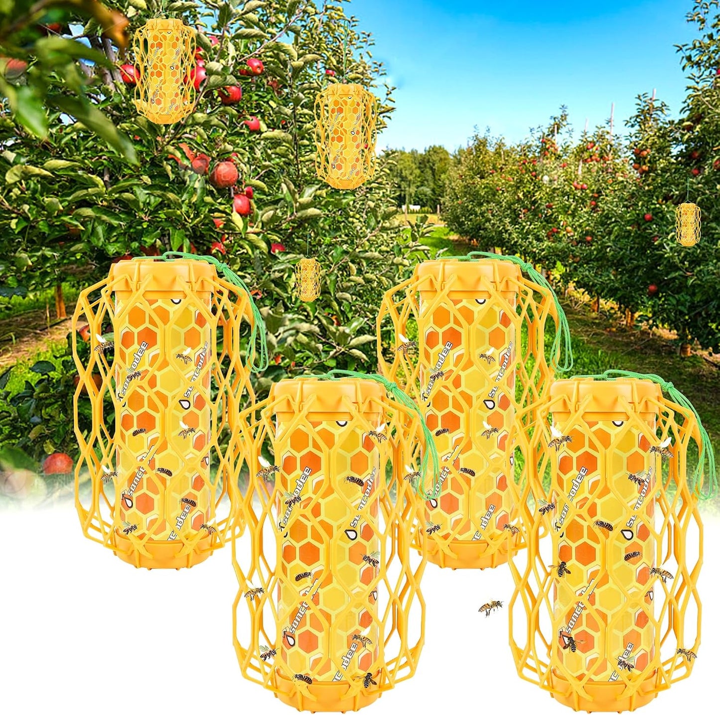4 Pack Wasp Trap Outdoor Hanging, Carpenter Bee Catchers for Outside(Green) | Reusable Traps with 8 Sticky Refill Sheets, Bee Killer for Hornet Mud Dauber Yellow Jacket, Bug Catcher
