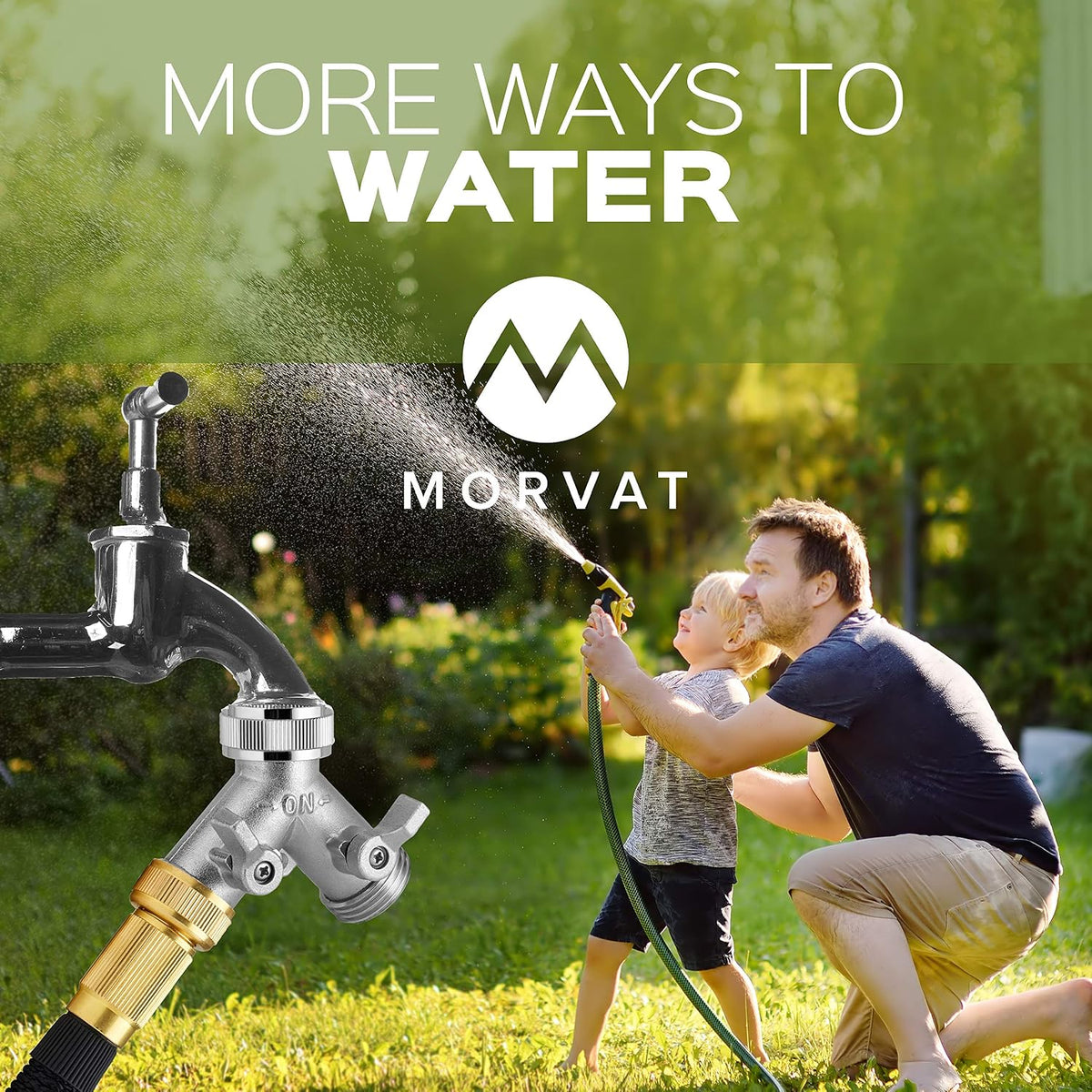 Morvat Heavy Duty Nickel Plated Brass 2 way Y Splitter Garden Hose Hexagonal Connector with Comfortable Grip Shut Off Valves, Adapter for Water Tap, Outlet, & Spigot, Includes 2 Extra Rubber Washers
