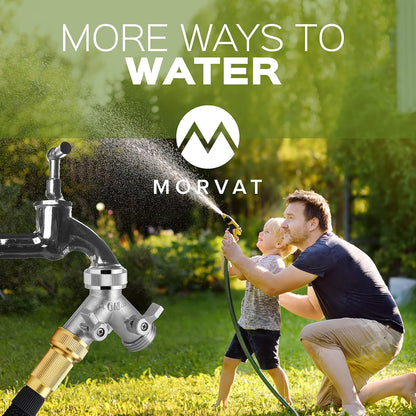 Morvat Heavy Duty Nickel Plated Brass 2 way Y Splitter Garden Hose Hexagonal Connector with Comfortable Grip Shut Off Valves, Adapter for Water Tap, Outlet, & Spigot, Includes 2 Extra Rubber Washers