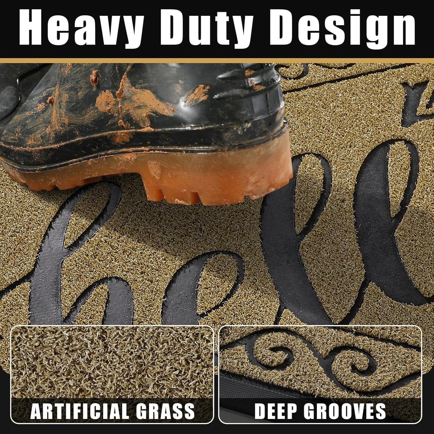 Yimobra Welcome Mat, Heavy Duty Sturdy Door Mats for Home Entrance Outdoor Indoor, Front Doormat for Outside Patio Floor Entry Porch Garage Office, Waterproof, Low Profile, 29.5x17, Black Grey