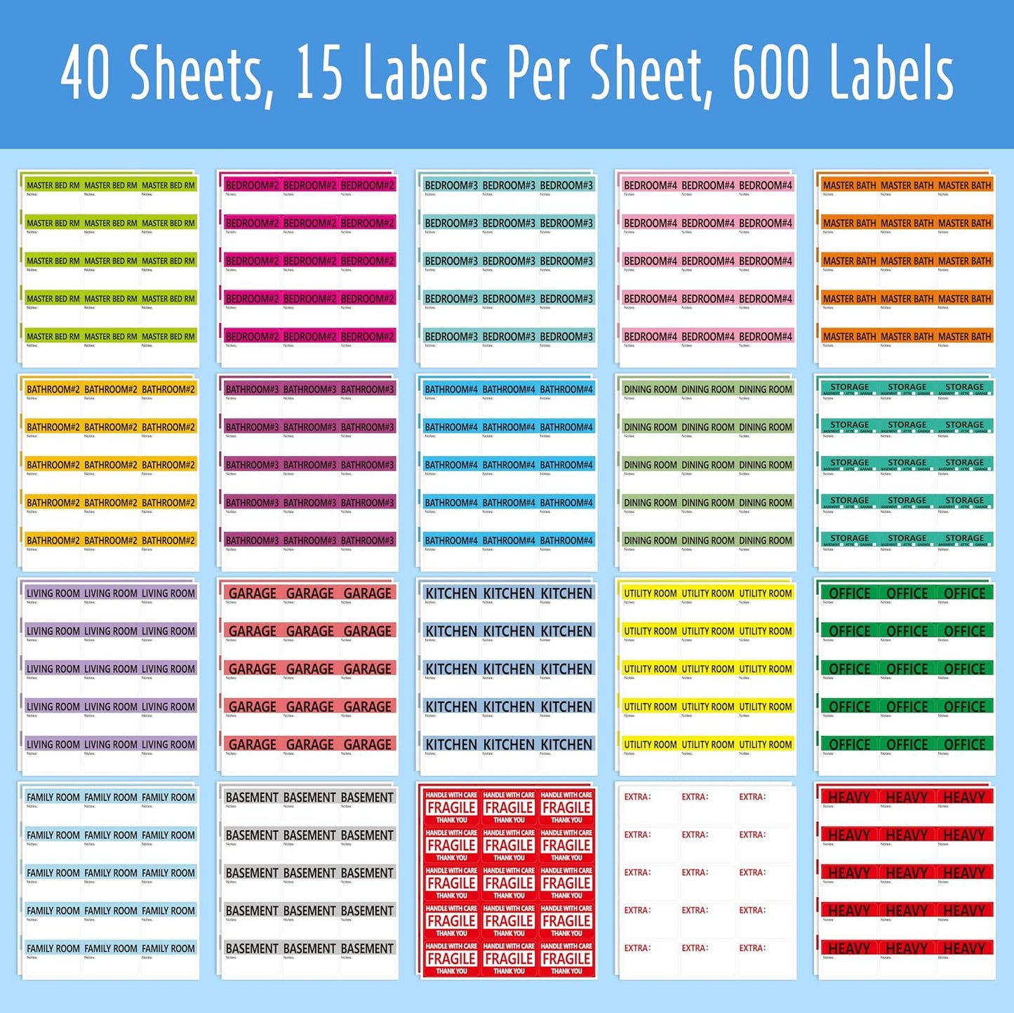 160 PCS Moving Labels, 8 Color-Coded Self-Adhesive Rectangular Stickers for Boxes, Large Home Moving Blank Packing Labels for Cartons, Storage Bins, Office Uses (6” x 4”)