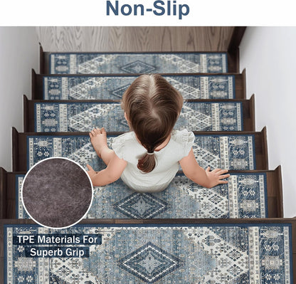 sarben Non Slip Stair Treads for Wooden Steps 15PCS - 8"x30" Indoor Safety Carpet, Edging Mats with TPE Adhesive Backing, Pet and Elderly Friendly Stair Rugs (Taupe) - Colors A