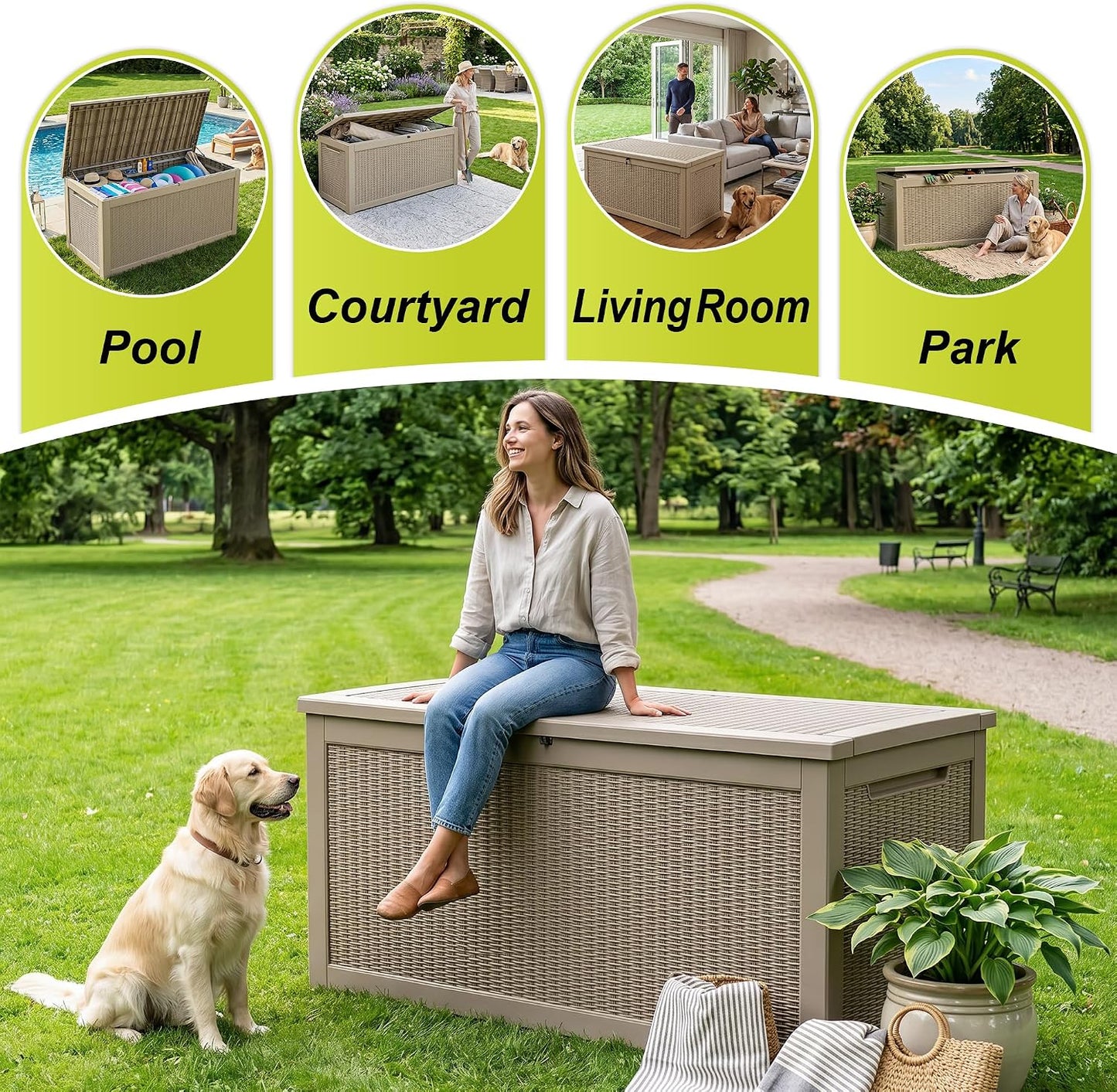 ROJIK 340 Gallon Deck Box Outdoor Waterproof,Weatherproof Outdoor Storage Boxes Lockable with Lid,Outside Resin Storage Bench for Patio Cushions,Garden Tools and Pool Accessories(Black)