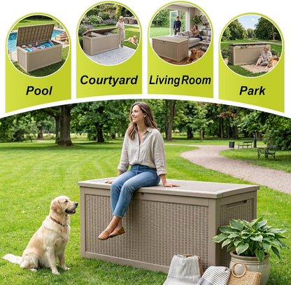 ROJIK 340 Gallon Deck Box Outdoor Waterproof,Weatherproof Outdoor Storage Boxes Lockable with Lid,Outside Resin Storage Bench for Patio Cushions,Garden Tools and Pool Accessories(Black)