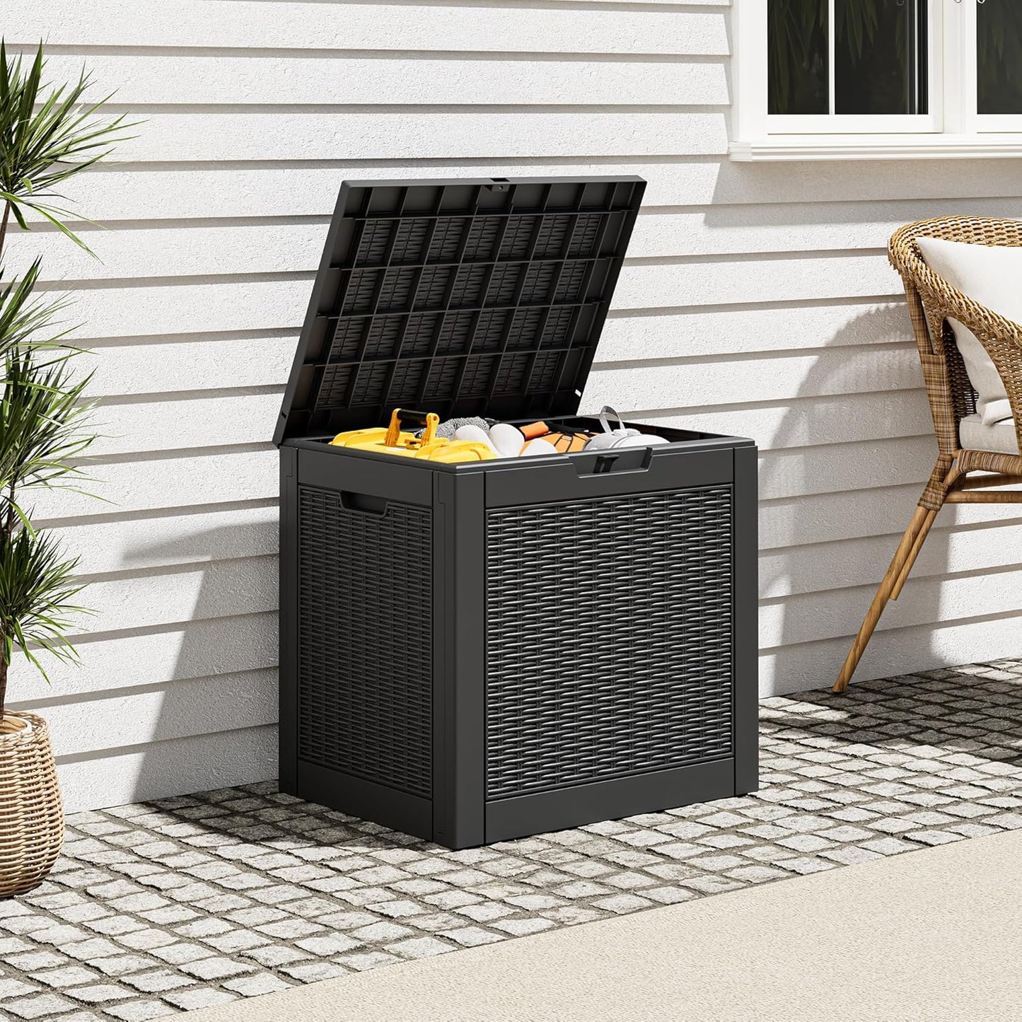 Outdoor Deck Storage Box,Resin Deck Boxes Indoor and outdoor, Waterproof Storage Box Lockable Lid (Black,35 Gallon)
