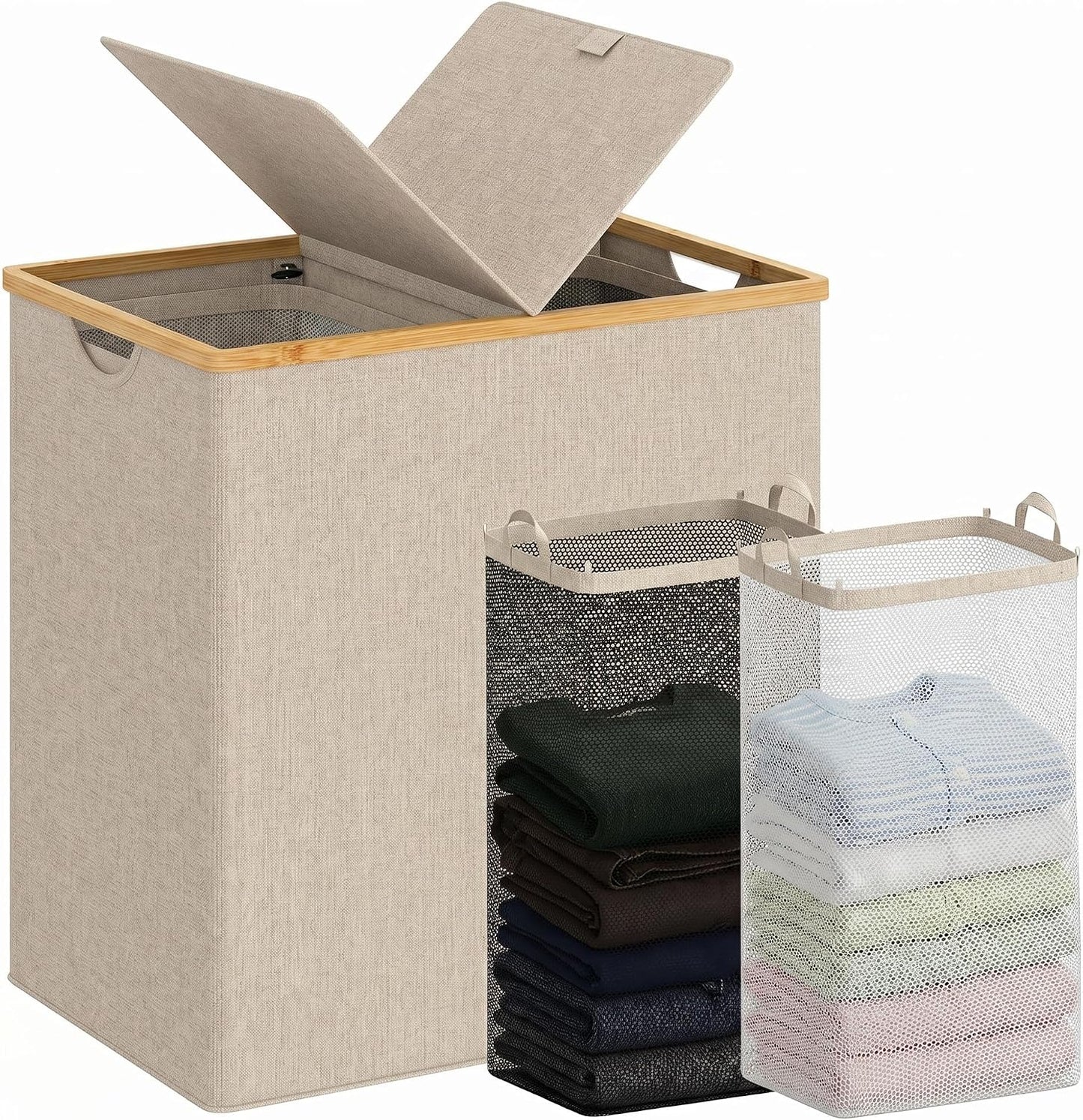 efluky Laundry Hamper with Lid, Trio Laundry Basket with 2 Removable Bags, 3 Section Laundry Bin with Bamboo Handles for Bathroom, Bedroom & Laundry Room, 160L (42.3 Gallon) Beige