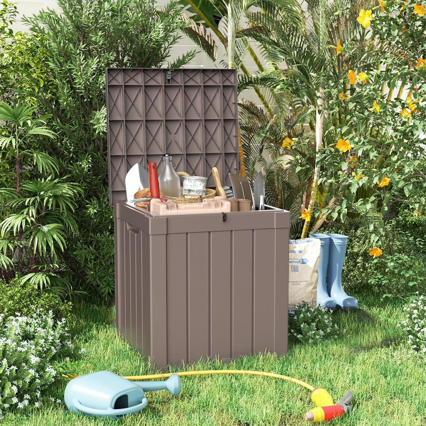 ROJIK 55Gal Outdoor Storage Box Waterproof Deck Box | Heavy-duty UV-resistant resin, space-saving for balcony/patio, stores cushions/tools/pool gear, lockable lid as table/bench
