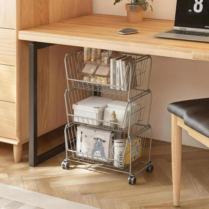 PUSDON 6-Tier Tall Stackable Wire Storage Baskets with Wheels, Vertical Metal Rolling Utility Cart, High Capacity Produce Basket for Kitchen Pantry, Snack Organizer, Matte Black