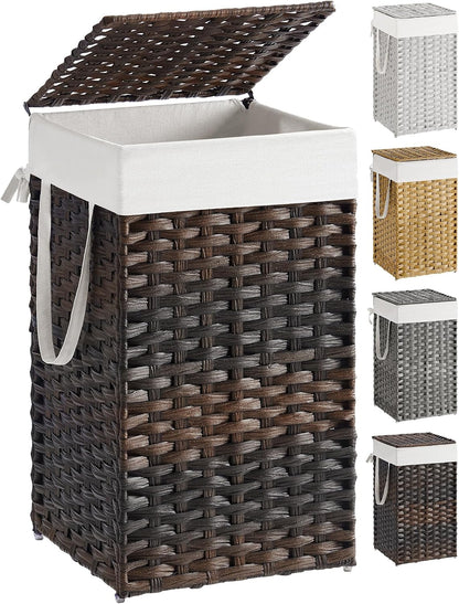SONGMICS Laundry Hamper with Lid, 23.8 Gallon (90 L) Synthetic Rattan Clothes Laundry Basket with Lid and Handles, Foldable, Removable Liner, Chestnut Brown ULCB051K02