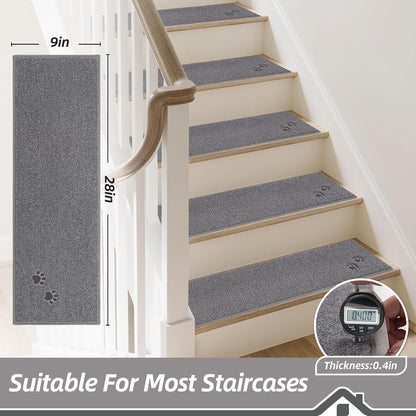 BEQHAUSE Stair Treads for Wooden Steps 28inX9in, Non Slip Carpet Stair Treads Indoor Stair Runners Machine Washable, Soft Stair Rugs Mat Surface Polyester TPE Backing, 4pcs, Charcoal