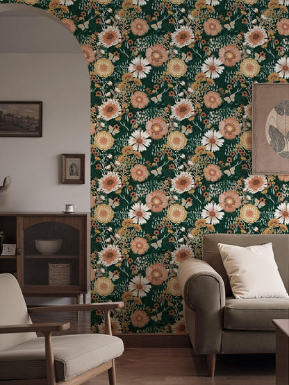 Dimoon 17.3''x78.7'' Peel and Stick Wallpaper Floral Cute Contact Paper Vintage Village Country Cottage Wallpaper Farmhouse Yellow Beige Renter Friendly Geometry Waterproof Embossed Kitchen Bedroom