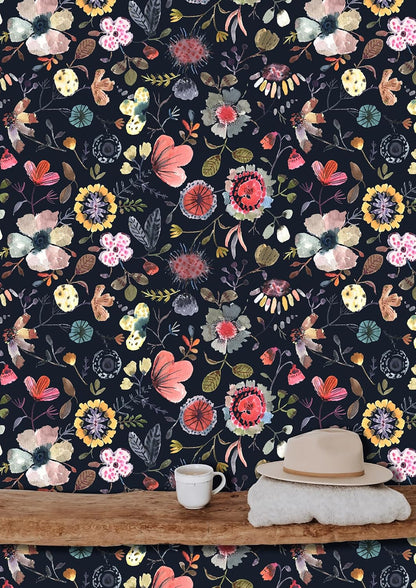 Wallpaper Peel and Stick Floral Wall Paper Removable Waterproof Gray/Yellow/Blue Contact Paper for Bedroom, Bathroom, Home Wall 17.3" x 118"