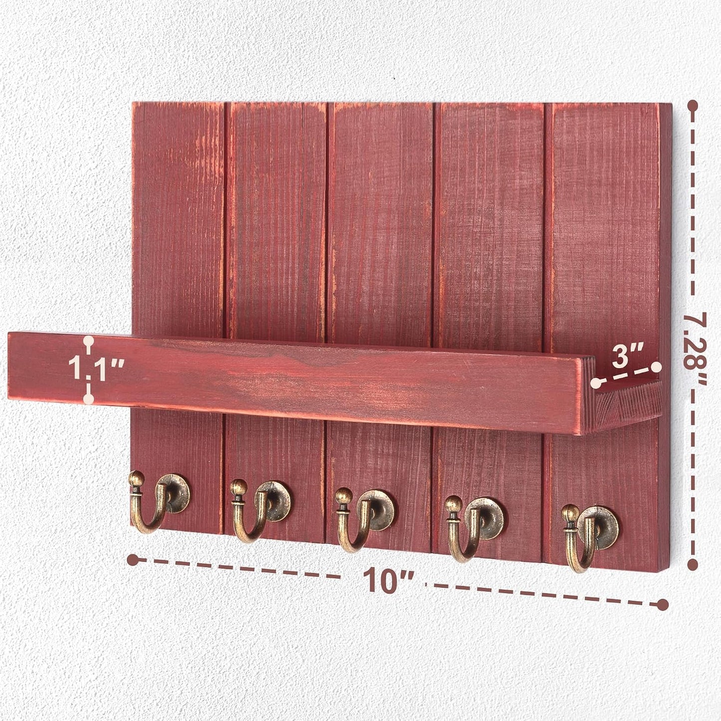 Rebee Vision Decorative Key Holder Wall Mount - Rustic Key Holder for Wall with Shelf and Mail Organizer for Living Room Decor - Home Essentials for Home Improvement (Brown, 3.54" x 10" x 7.28")