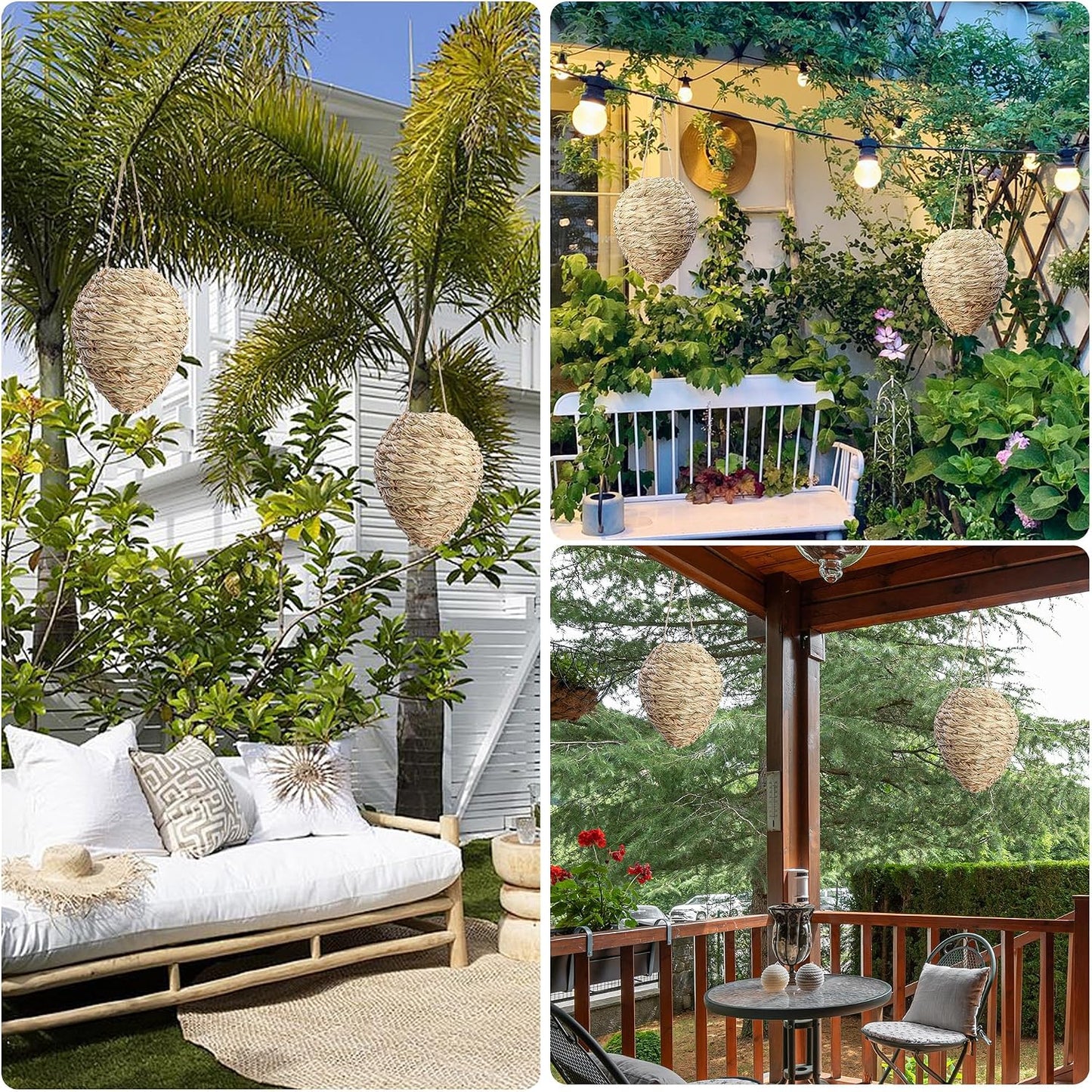 DECOHS 2 Pack Large Woven Reed Wasp Nest Decoy, 10 x 7.5 Inch Hanging Fake Wasp Nests Decoration, Faux Hornet Nest Wasps Deterrent for Outdoor Garden Yard Patio Eaves