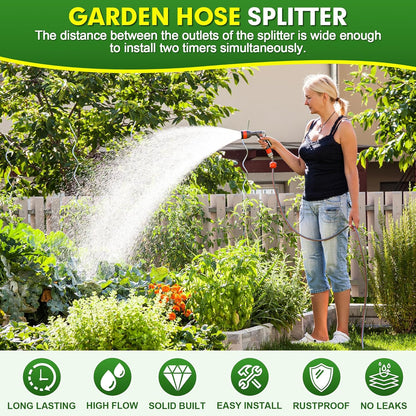 Hose Splitter 2 Way, High Flow Garden Hose Splitter, 3/4” Ght Inlet Brass Heavy Duty Hose Converter, Full Flow water 2 Way Faucet hose splitter, Long Handle Hose Valve Large Outlet.