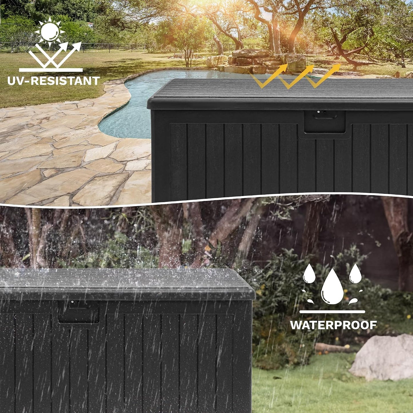 DWVO 100 Gallon Outdoor Storage Box, Large Deck Box Lockable Waterproof and UV Resistant Resin for Gardening Tools, Pool Supplies, Patio Cushions (Black)