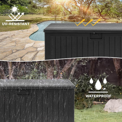 DWVO 100 Gallon Outdoor Storage Box, Large Deck Box Lockable Waterproof and UV Resistant Resin for Gardening Tools, Pool Supplies, Patio Cushions (Black)