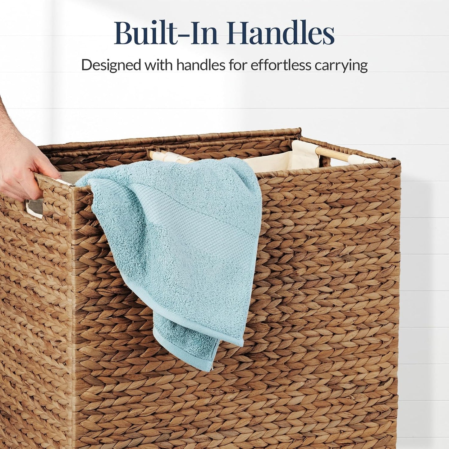 Best Choice Products Large Double Laundry Hamper with Lid, Natural Handwoven Water Hyacinth, 2 Sections w/ 2 Machine Washable Linen Liner Bags, Portable, Handles - Natural