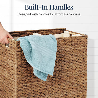 Best Choice Products Large Double Laundry Hamper with Lid, Natural Handwoven Water Hyacinth, 2 Sections w/ 2 Machine Washable Linen Liner Bags, Portable, Handles - Natural