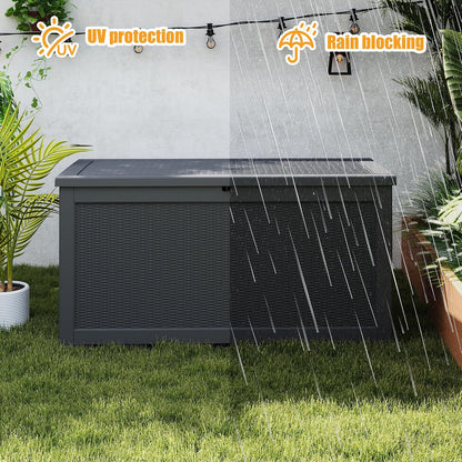 ROJIK 55Gal Outdoor Storage Box Waterproof Deck Box | Heavy-duty UV-resistant resin, space-saving for balcony/patio, stores cushions/tools/pool gear, lockable lid as table/bench