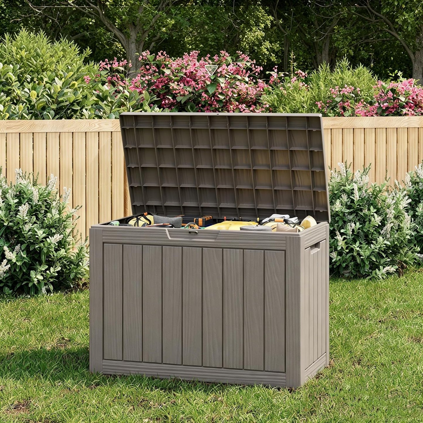 KAMABOKO 31 Gallon Outdoor Storage Box, Resin Deck Boxes Indoor and outdoor, Waterproof Storage Box Lockable Lid for Garden Tools, Package Delivery, Pool Supplies, Patio Cushions, Black