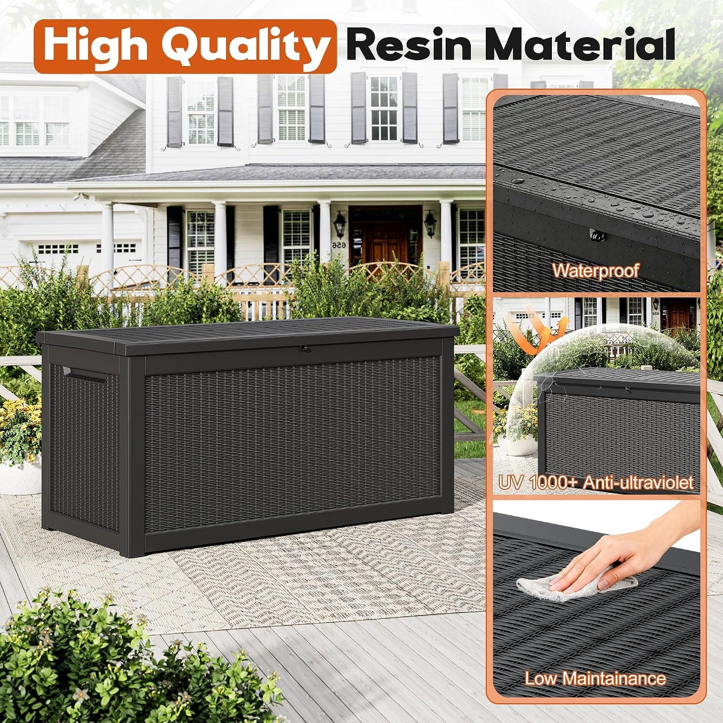 Outdoor Storage Box, Resin Deck Boxes Indoor and outdoor, Waterproof Storage Box Lockable Lid (Black, 85 Gallon)