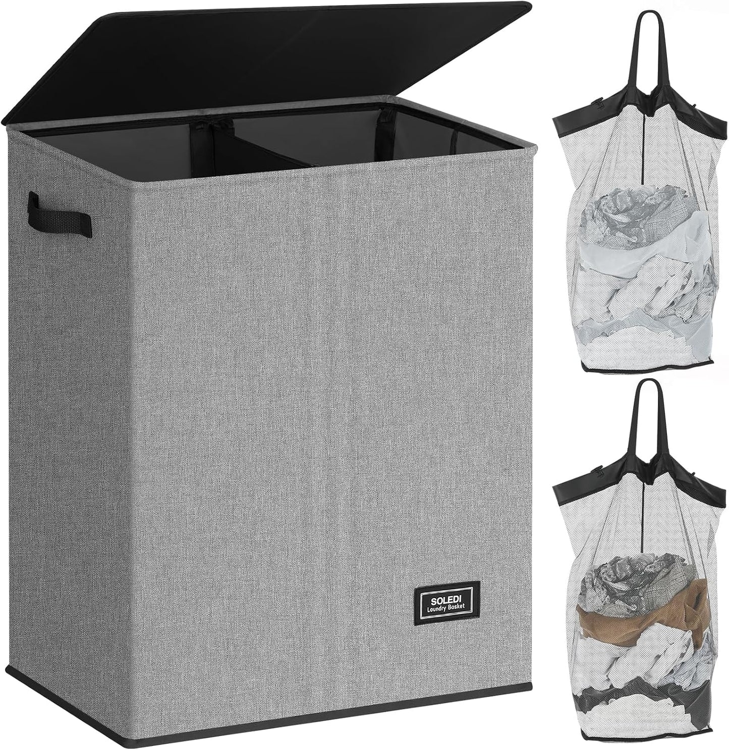 SOLEDI Luxury Double Laundry Hamper with Lid and Removable Bags, 38.3 Gal Large Laundry Bin, Laundry Basket 2 Sections, Collapsible Clothes Hamper for Bedroom, Laundry Room, Bathroom, Off-white