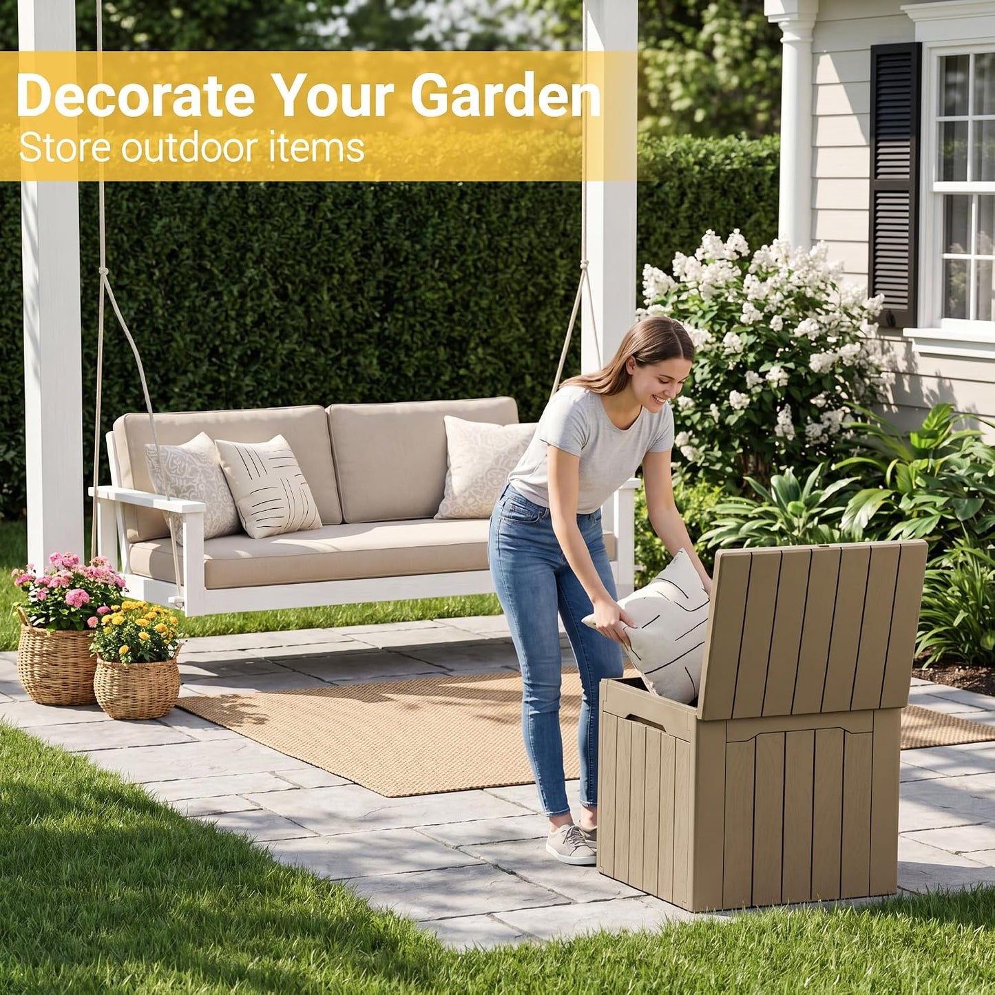 Greesum 31 Gallon Resin Deck Box All Weather Outdoor Storage Boxes for Patio Furniture Set,Outdoor Toys,Garden Tools,Black