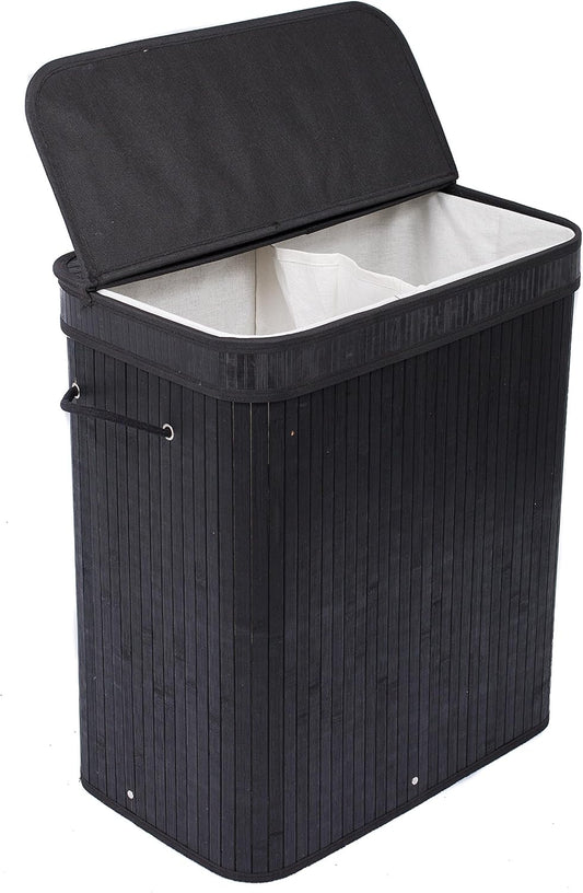 BIRDROCK HOME Double Laundry Hamper with Lid and Cloth Liner - Bamboo - Black - Easily Transport Laundry Basket - 2 Section Collapsible Hamper - String Handles