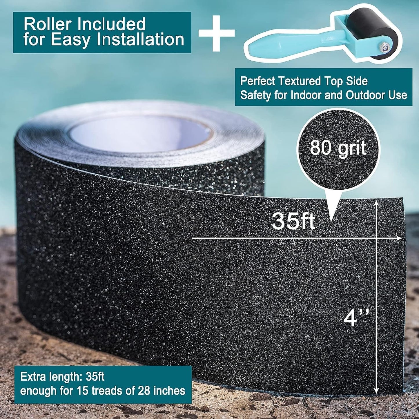 Anti Slip Tape, 12 Inch x 16 Ft Grip Tape for Stairs Outdoor/Indoor, Waterproof Non Skid Roll for Stair Treads Non Slip, High Traction Friction Abrasive Adhesive Stair Steps - Black