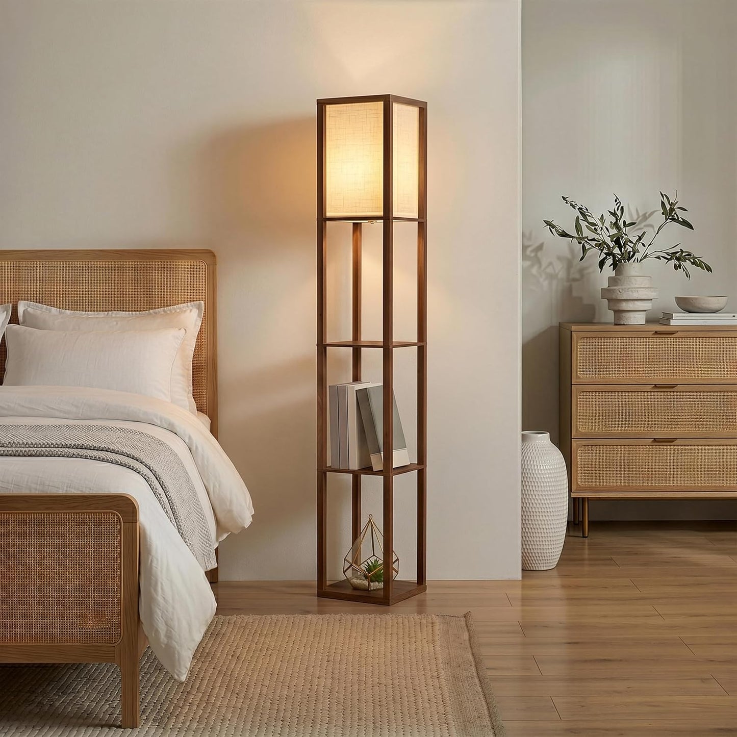 Brightech Maxwell - Modern Shelf Floor Lamp with Lamp Shade & Warm White LED Bulb, Corner Display Floor Lamp with Shelves for Living Room, Bedroom, Nightstand Office, Home Decor Storage - Natural Wood