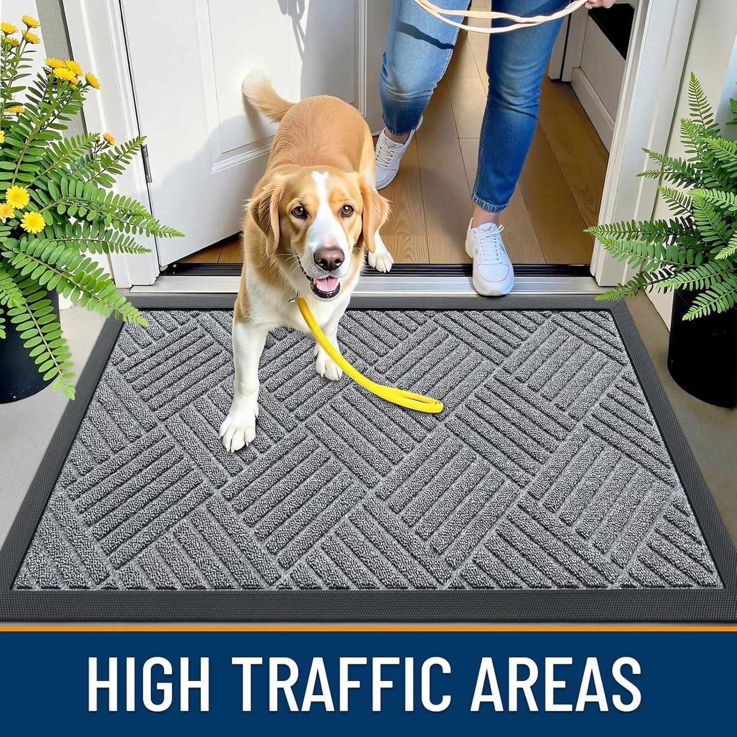 OLANLY Front Door Mat Outside Entrance 29.5x17, Absorbent, Heavy Duty Sturdy Natural Rubber Doormat Indoor Outdoor, Stain and Fade Resistant, Non-Slip Low Profile Floor Mat for Entryway, Grey Diamond