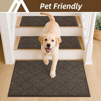 COSY HOMEER Edging Stair Treads Non-Slip Carpet Mat 28inX9in Indoor Stair Runners for Wooden Steps, Edging Stair Rugs for Kids and Dogs, 100% Polyester TPE Backing(4pc, Beige)