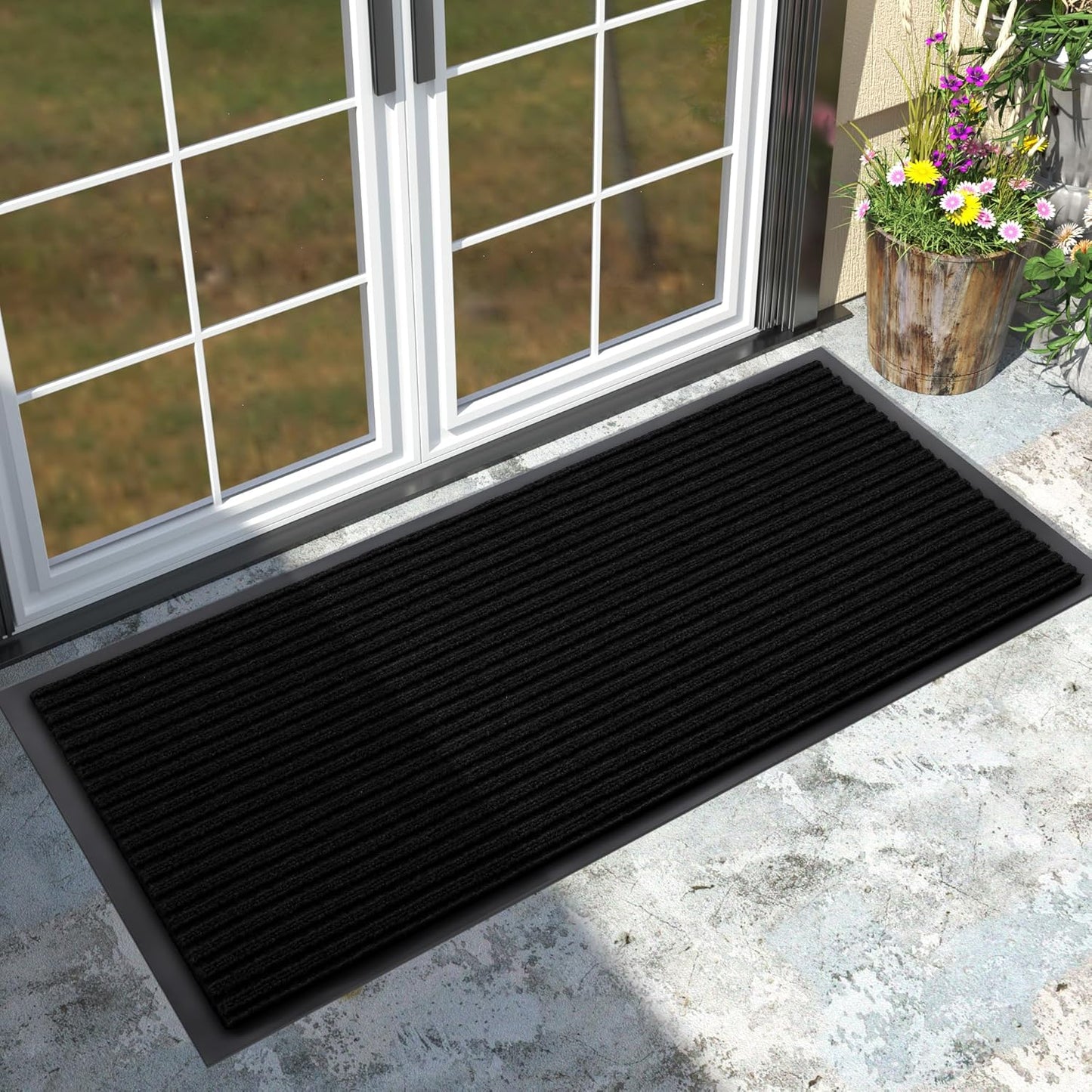 Yimobra Welcome Mat, Heavy Duty Sturdy Door Mats for Home Entrance Outdoor Indoor, Front Doormat for Outside Patio Floor Entry Porch Garage Office, Waterproof, Low Profile, 29.5x17, Black Grey