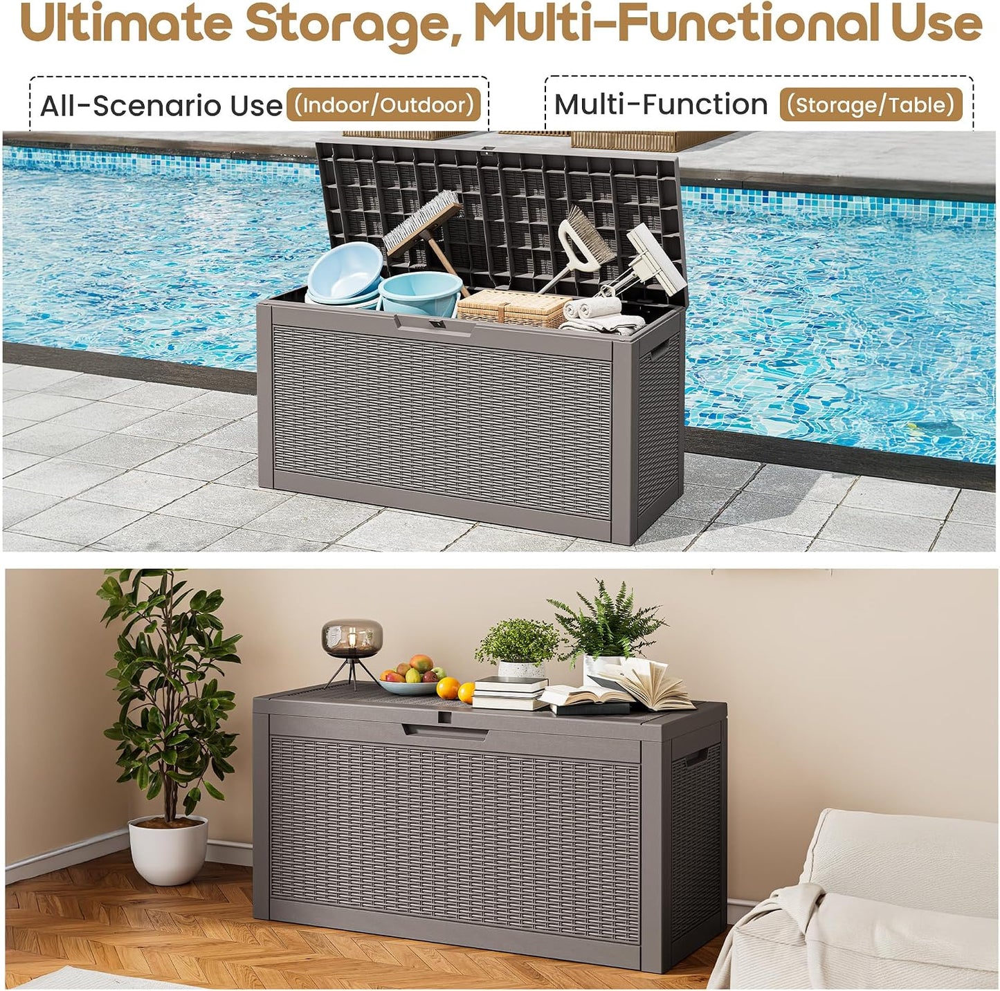 Outdoor Storage Box, 31 Gallon Resin Deck Boxes Outdoor Waterproof For Patio Furniture, Garden Tools, Pool Supplies, Lockable And UV Resistant (Rattan Gray)