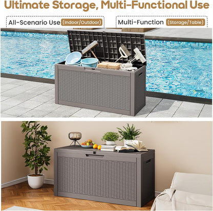 Outdoor Storage Box, 31 Gallon Resin Deck Boxes Outdoor Waterproof For Patio Furniture, Garden Tools, Pool Supplies, Lockable And UV Resistant (Rattan Gray)