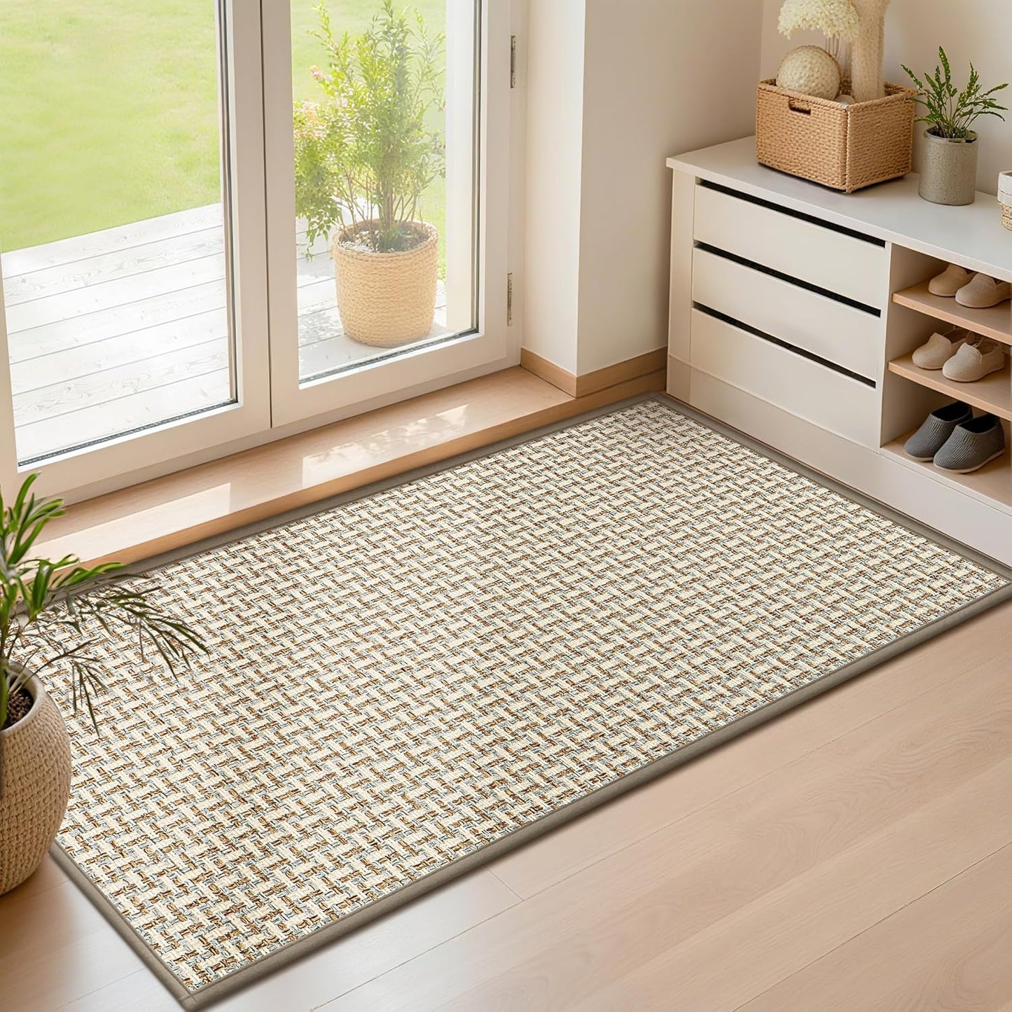 LEKEEPGO Ultra Thin Indoor Door Mat 17"x29", Low-Profile Door Mat Indoor Entrance, Non Slip Rubber Backing Inside Doormat Washable Welcome Front Entryway Dirt Trapper Entry Mat, Khaki