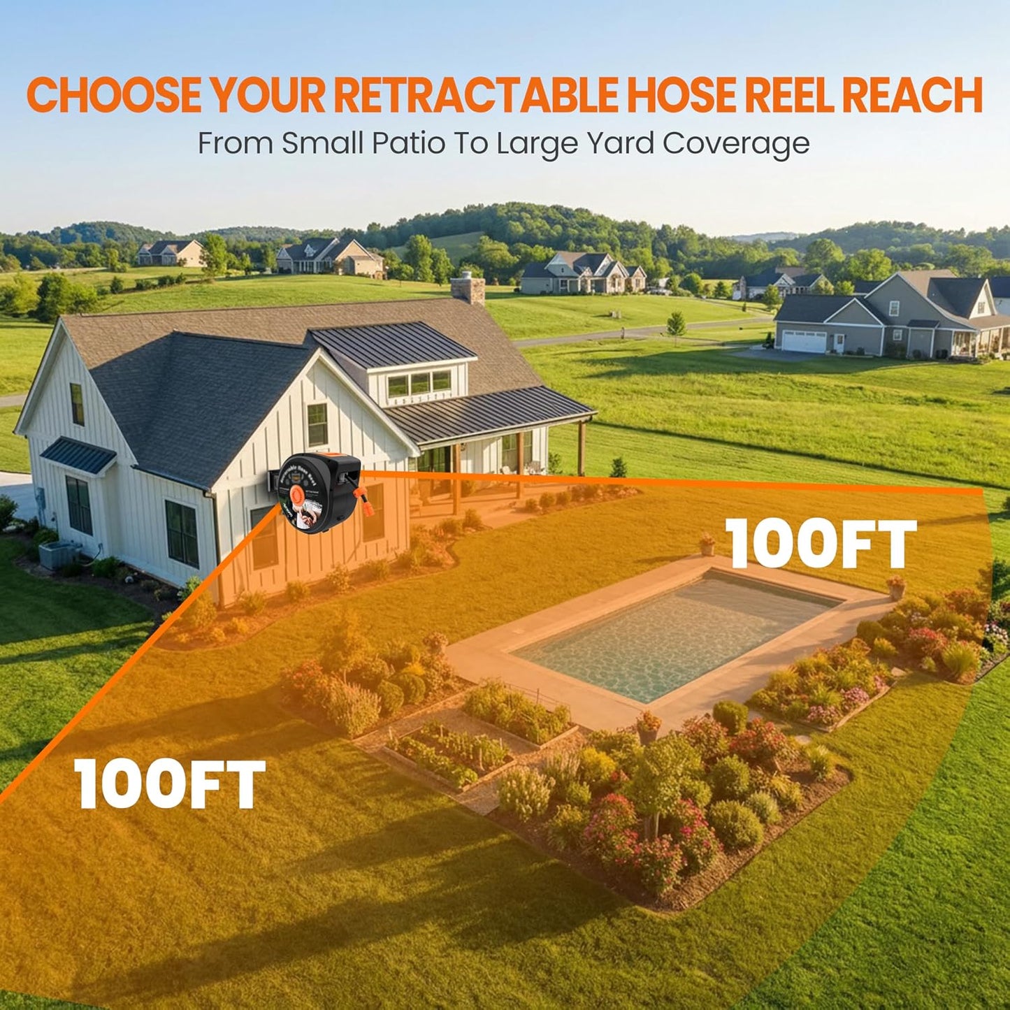Retractable Garden Hose Reel, 1/2 in x 50 ft Wall Mounted Hose Reel | Anti-freeze 10-Function Sprayer Nozzle Any Length Lock Slow Return System 180°Swivel Bracke for Large Yard Lawn Car Washing