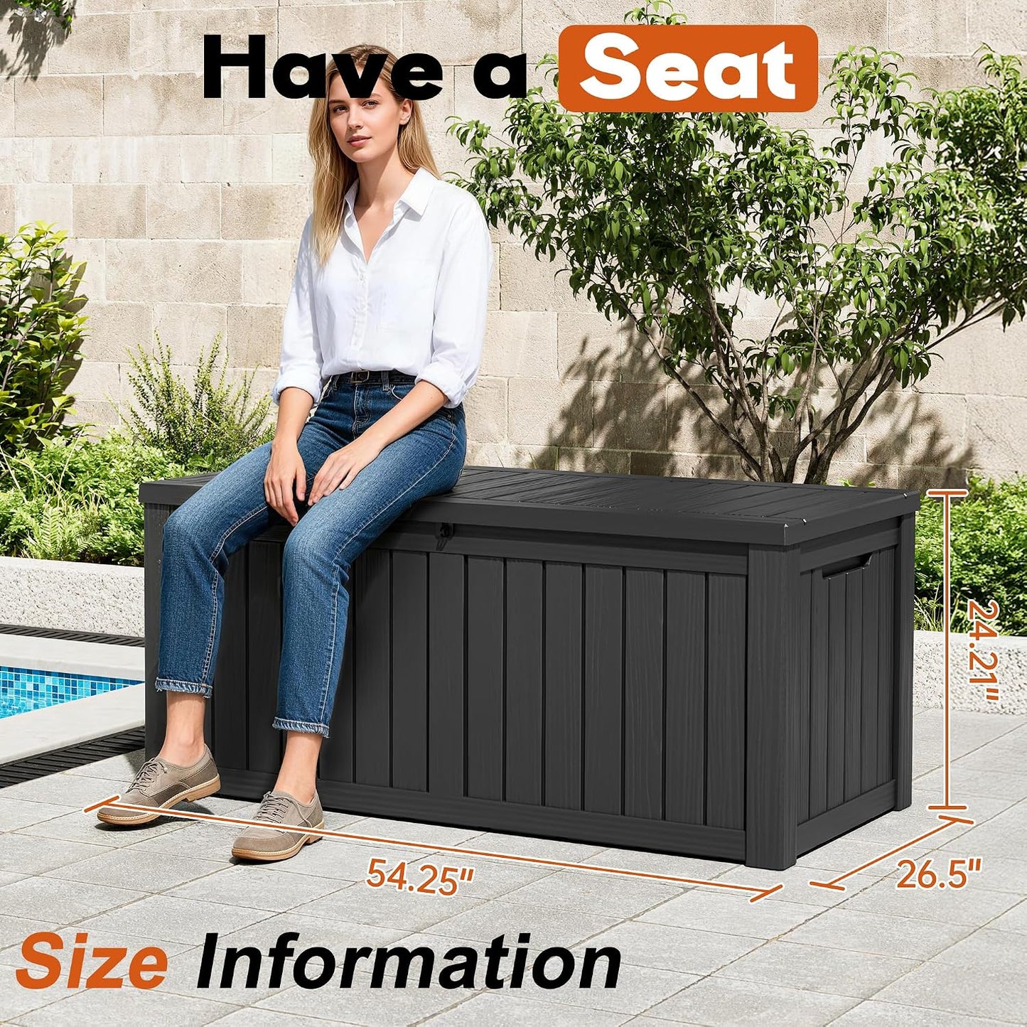 Outdoor Storage Box, Resin Deck Boxes Indoor and outdoor, Waterproof Storage Box Lockable Lid (Black, 85 Gallon)