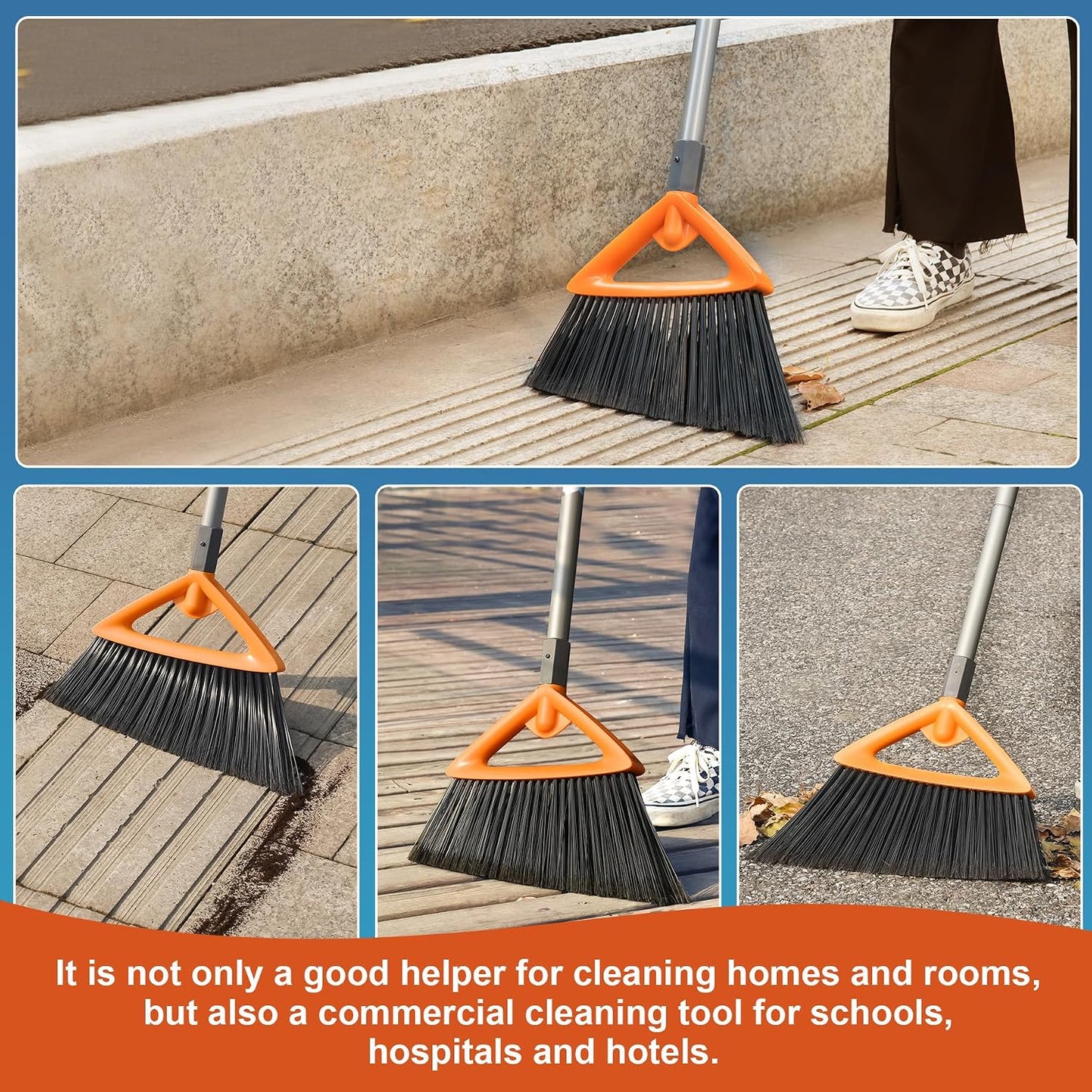 CLEANHOME Heavy Duty Outdoor Broom and Dustpan Set with Long Handle, Standing Dustpan & Split-End Bristles for Patio, Garage, Deck, Leaves Debris Cleaning