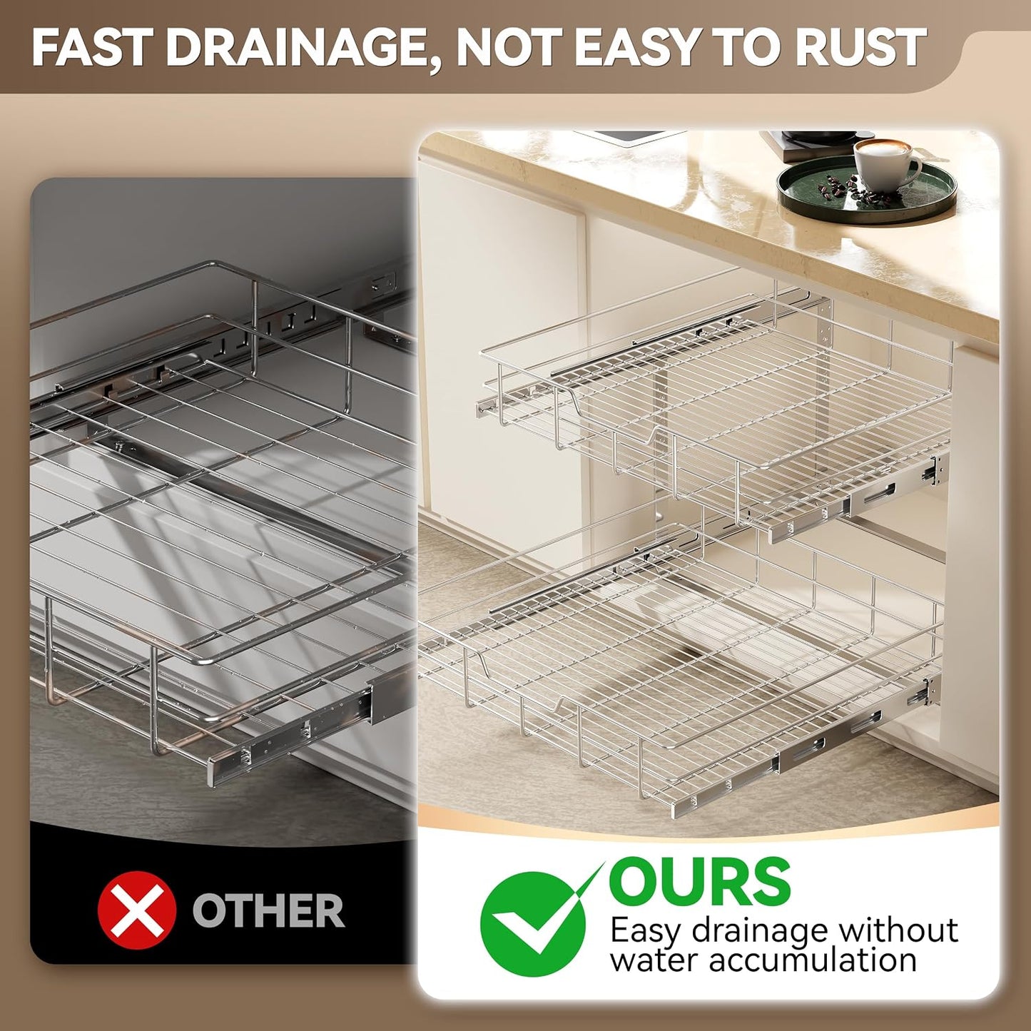 2 Tier Pull Out Cabinet Organizer 11" W X 22" D, Slide Out Drawers For Kitchen Cabinets, Pull Out Drawers For Cabinets Capacity Heavy Duty Caddy, Cabinet Pullout Shelves Chrome-Plated, Bathroom Pantry