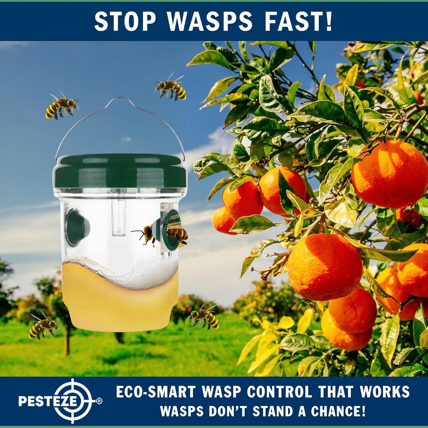 PESTEZE USA Reusable Solar Hanging Wasp Trap with LED Light [Green: 3.5 x 4.4 Inch] Attracts, & Stop Wasp, Hornet, Yellow Jacket & Insect Species 24/7 Without Harsh– Waterproof Outdoor Trap
