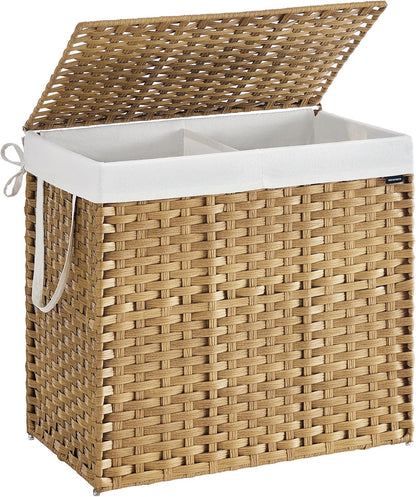 SONGMICS Laundry Hamper with Lid, 23.8 Gallon (90 L) Synthetic Rattan Clothes Laundry Basket with Lid and Handles, Foldable, Removable Liner, Chestnut Brown ULCB051K02