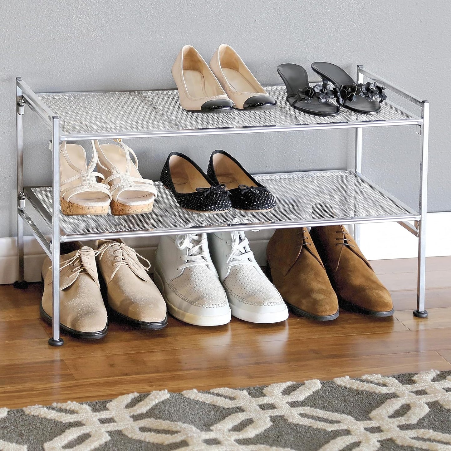 Seville Classics Sturdy Freestanding Storage Shelf for Bedroom, Closet, Entryway, Dorm Room Organizer Stackable Durable Metal Shoe Rack Ash Gray Slat, 3-Tier