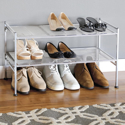Seville Classics Sturdy Freestanding Storage Shelf for Bedroom, Closet, Entryway, Dorm Room Organizer Stackable Durable Metal Shoe Rack Ash Gray Slat, 3-Tier